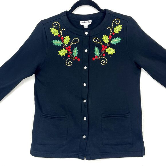 VTG Christmas Cardigan Black Sweater Womens SZ S Appliqued Holy Berry Festive - Picture 3 of 13